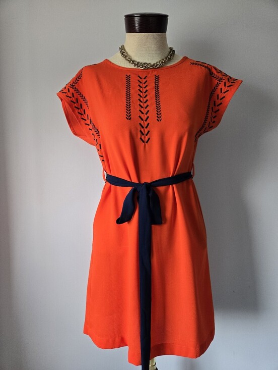 Ya Los Angeles Dresses & Skirts - Ya Los Angeles Bright Orange Dress With Navy Embroidery. Belted Dress. Size Sm